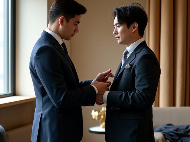 テーラーが顧客の採寸をする様子